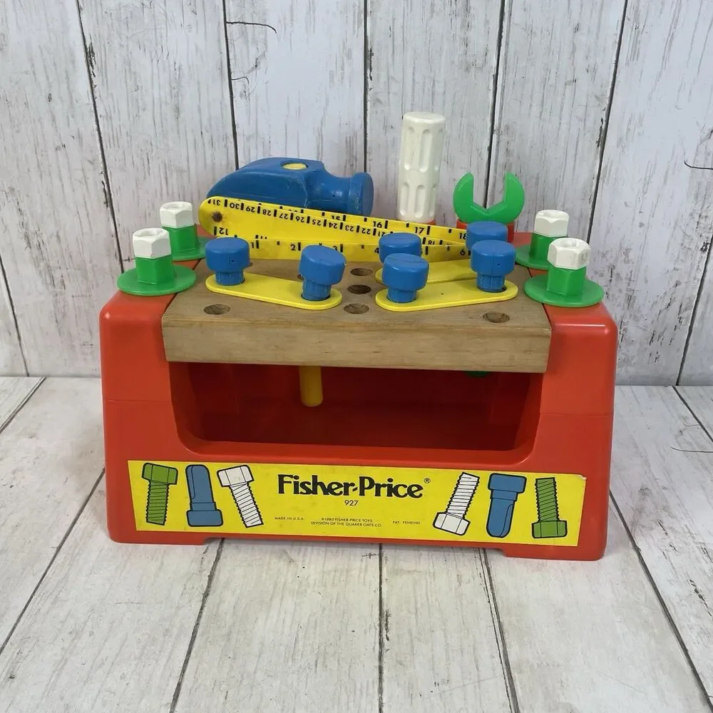 Vintage Fisher-Price Wood & Plastic Work Bench Complete with Tools